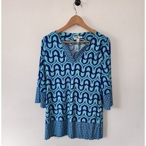 Womens Coconut Row Palm Beach Blue Shirt Medium V Neck Geometric